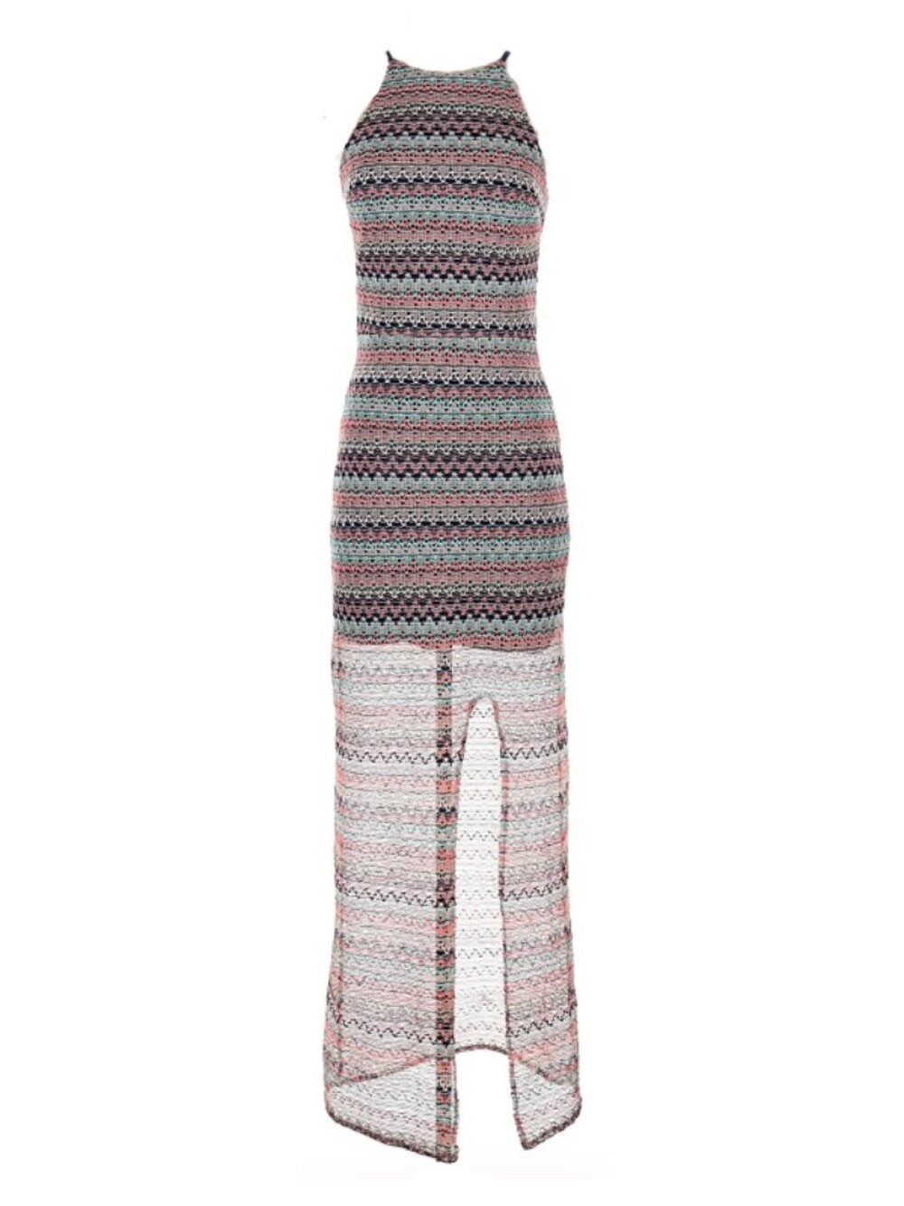 Aqua Multi-Color Crochet Zigzig Maxi Halter Dress